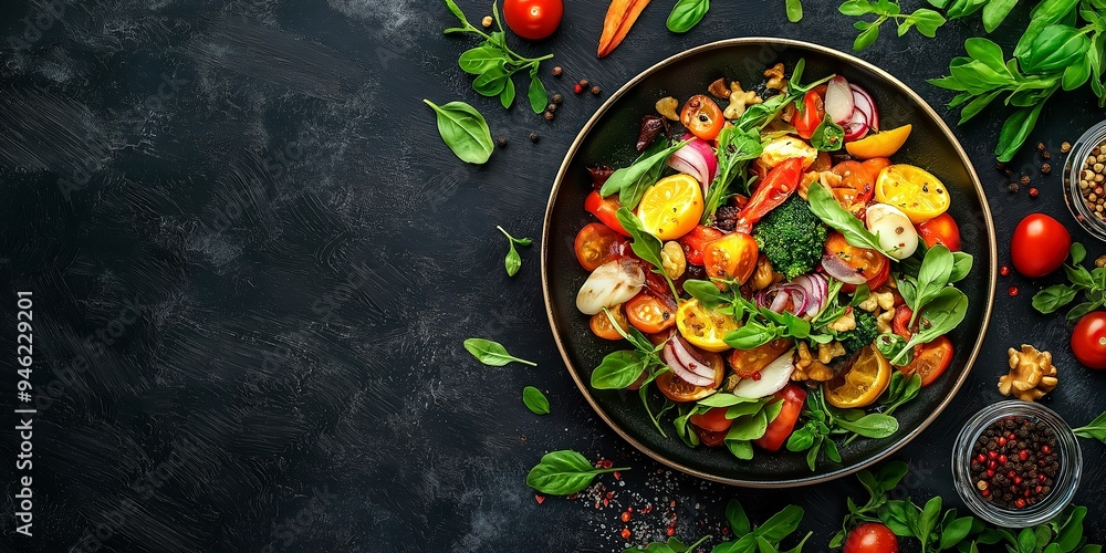 A bowl of freshly made salad with a variety of colorful vegetables, displayed against a dark background.