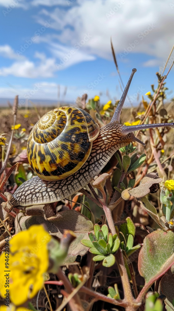 Closeup of a snail with a spiraled shell among wildflowers, demonstrating the beauty of small wildlife in nature Closeup of a snail with a spiraled shell among wildflowers, demonstrating the beauty of small wildlife in nature