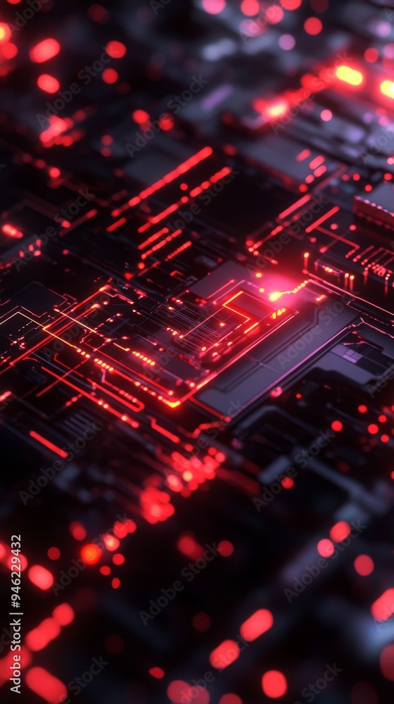 Red circuit board glowing with data transferring through Red circuit board glowing with data transferring through
