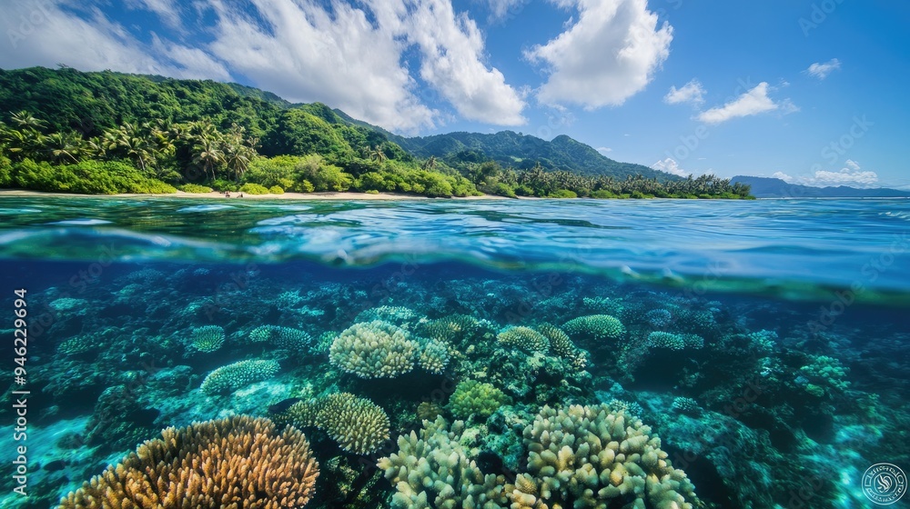 A tropical island with vibrant coral reefs visible through the clear water, showcasing underwater beauty from above A tropical island with vibrant coral reefs visible through the clear water, showcasing underwater beauty from above