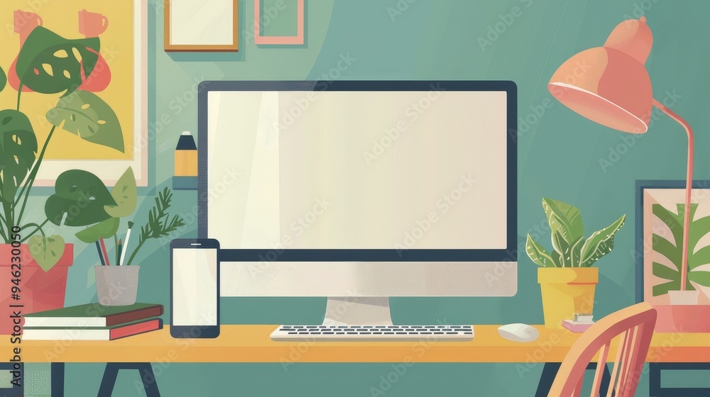 Using phone and computer together flat design side view multitasking theme cartoon drawing Triadic Color Scheme Using phone and computer together flat design side view multitasking theme cartoon drawing Triadic Color Scheme