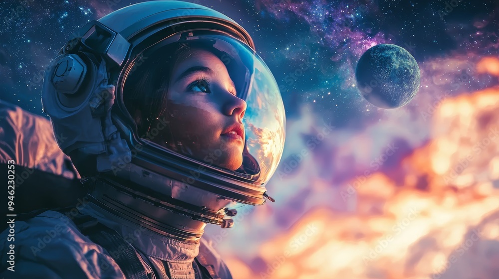 A young girl in a sleek open face astronaut suit, exploring a distant planet with a galaxy in the sky A young girl in a sleek open face astronaut suit, exploring a distant planet with a galaxy in the sky