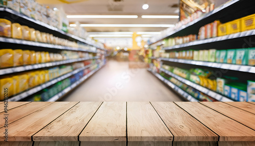 A natural wooden table in a bustling supermarket, empty wooden table mockup ideal for food and beverage advertising background 