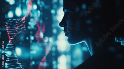 Profile view of a person analyzing futuristic digital DNA sequence, symbolizing advancements in biotechnology and genetic research. photo