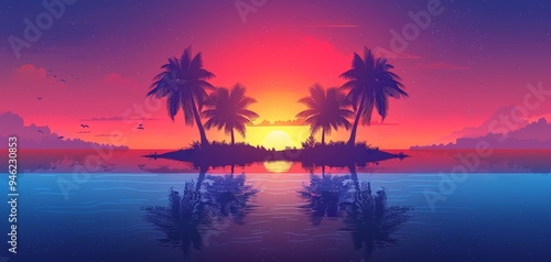 Coconut tree flat design front view sunset theme cartoon drawing Splitcomplementary color scheme