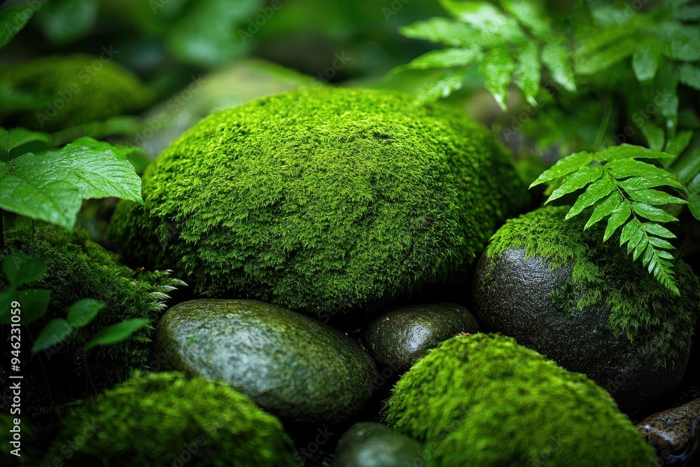 Large stones enveloped in dense moss, creating a soft and serene atmosphere in a lush green forest, moss-covered rocks, nature and tranquility Large stones enveloped in dense moss, creating a soft and serene atmosphere in a lush green forest, moss-covered rocks, nature and tranquility