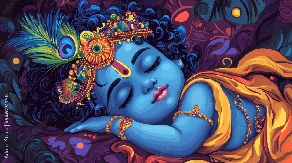 Cute Little Sleeping Baby Krishna in Layered Traditional Clothing with Blue Skin and Peacock Feather, Depicting the Hindu God for Krishna Janmashtami and Govardhan Puja Cute Little Sleeping Baby Krishna in Layered Traditional Clothing with Blue Skin and Peacock Feather, Depicting the Hindu God for Krishna Janmashtami and Govardhan Puja