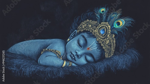 Cute Little Sleeping Baby Krishna in Layered Traditional Clothing with Blue Skin and Peacock Feather, Depicting the Hindu God for Krishna Janmashtami and Govardhan Puja