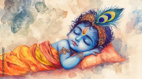 Cute Little Sleeping Baby Krishna in Layered Traditional Clothing with Blue Skin and Peacock Feather, Depicting the Hindu God for Krishna Janmashtami and Govardhan Puja photo