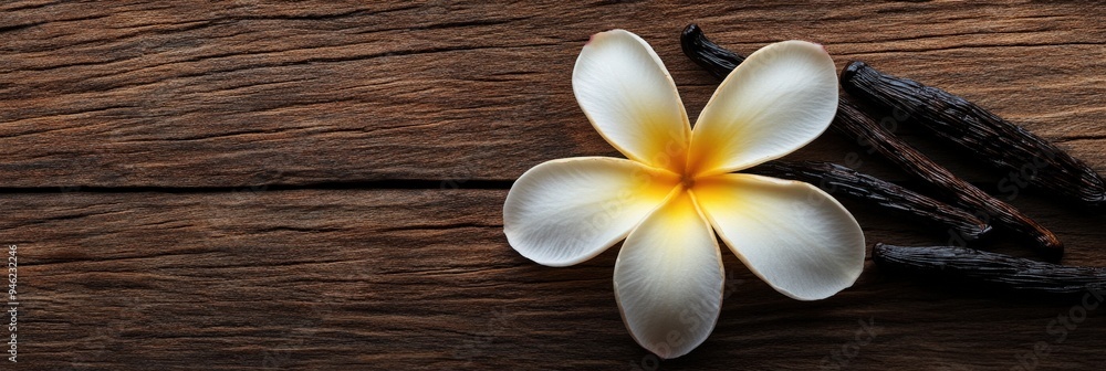 A white orchid flower on a wooden table with vanilla beans. A white orchid flower on a wooden table with vanilla beans.