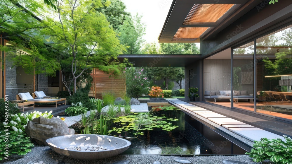 Modern courtyard with a zen garden, water features and seating areas, creating a tranquil retreat within the home. Modern courtyard with a zen garden, water features and seating areas, creating a tranquil retreat within the home.