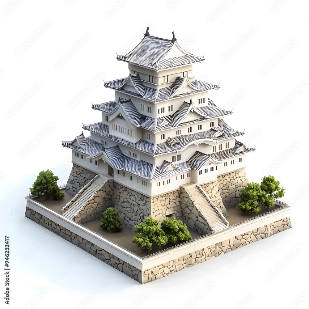 Himeji Castle in Himeji, Hyogo, Japan, presented in a stylish, isometric 3D render on a white background Himeji Castle in Himeji, Hyogo, Japan, presented in a stylish, isometric 3D render on a white background