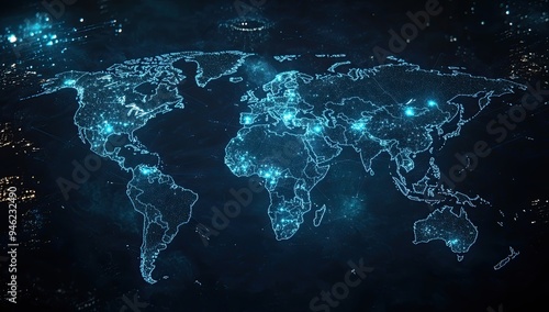 Wallpaper Mural Digital map of the world with blue glowing connections representing the global network and connectivity, symbolizing telecommunications technology in business exchange Generative AI Torontodigital.ca