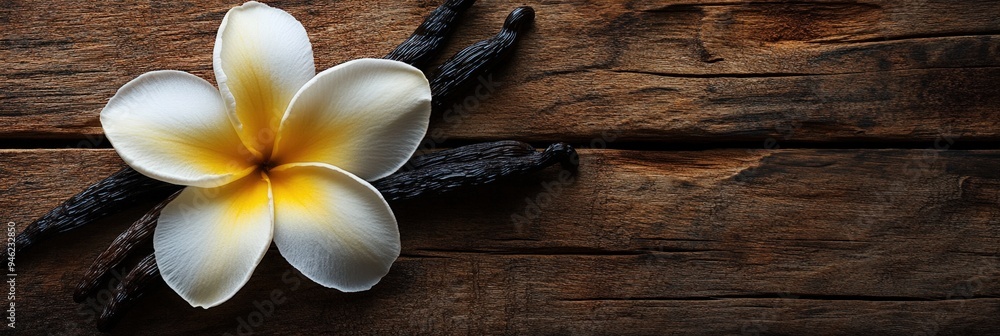 A white and yellow flower on a wooden surface. A white and yellow flower on a wooden surface.