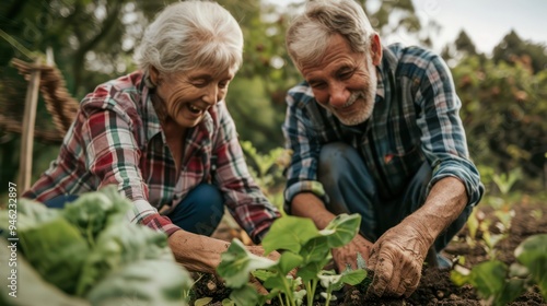 Senior healthy loving couple working in their garden together, planting vegetables and smiling. 