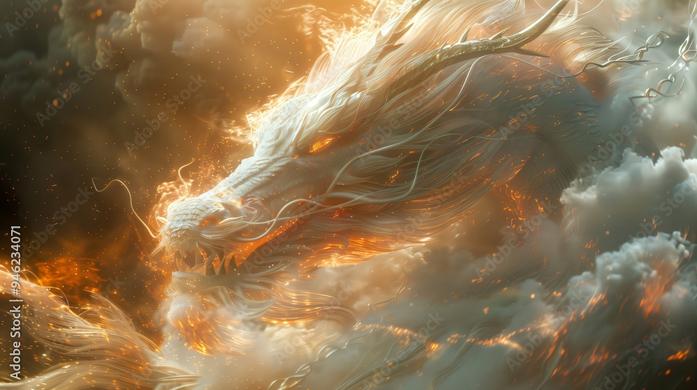 Majestic white dragon with glowing eyes flying through a fiery and ...