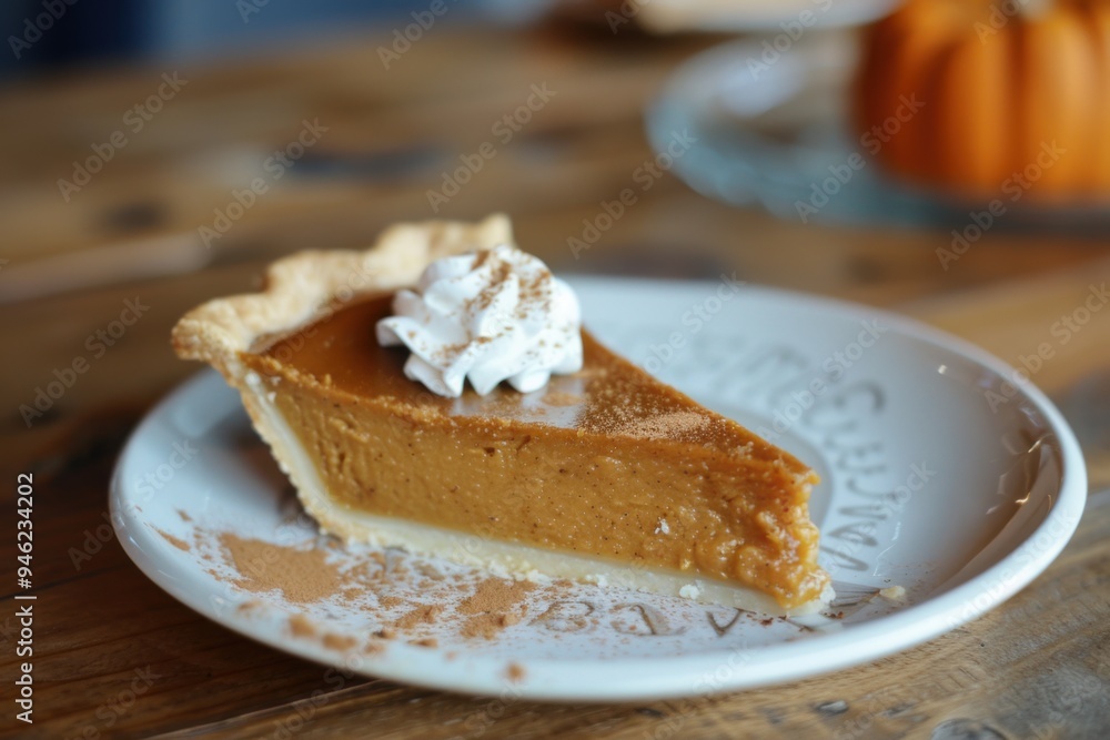 A slice of pumpkin pie with a dollop of whipped cream and cinnamon A slice of pumpkin pie with a dollop of whipped cream and cinnamon