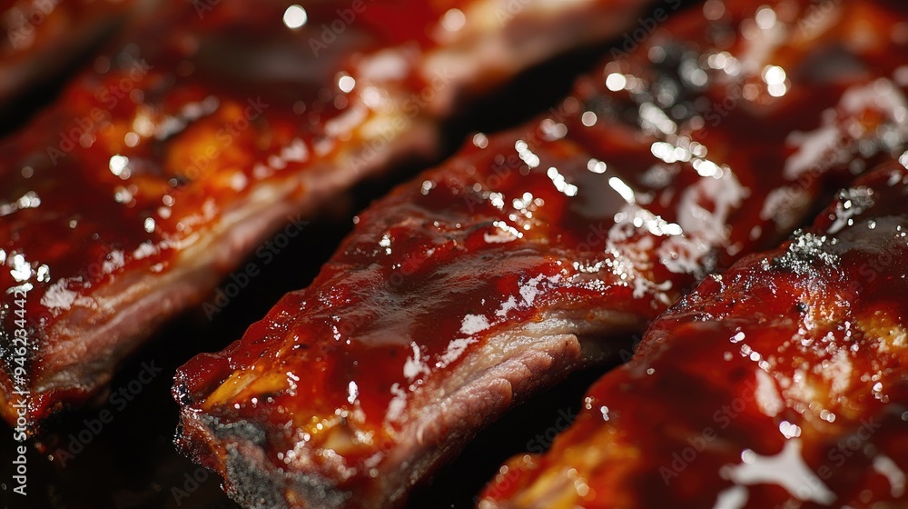 Detailed close-up of barbecued ribs with a crispy exterior and tender meat, seen from above with a rich glaze Detailed close-up of barbecued ribs with a crispy exterior and tender meat, seen from above with a rich glaze