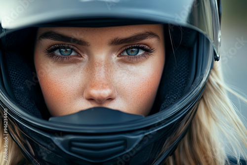 portrait of a pretty blonde woman biker looking at the camera with her safety helmet to ride a motorcycle. pretty eyes made up
 photo