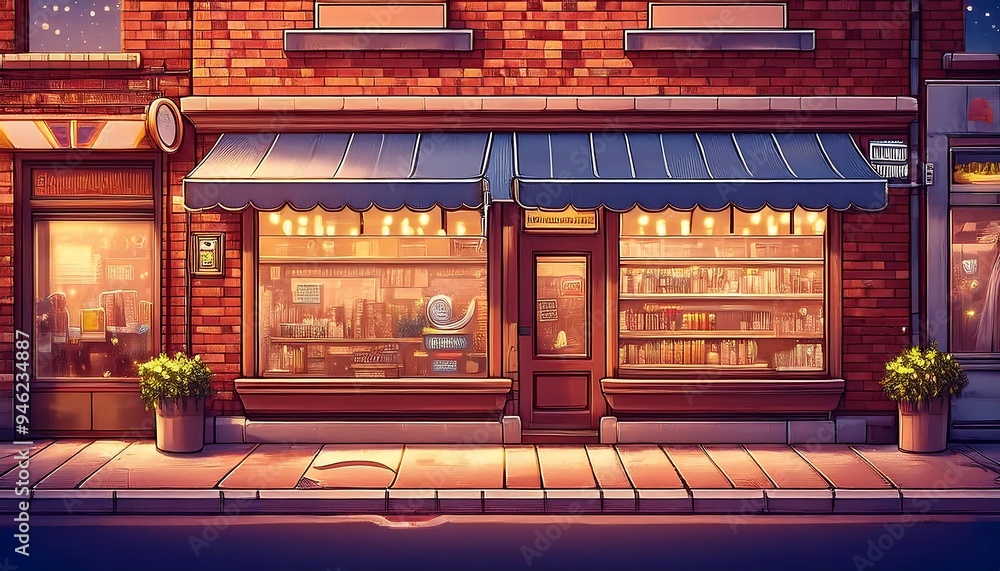 Obraz premium Charming Brick Store evening - pixel art cozy brick storefront. Game design poster. Graphic art 8 bit illustration. Ai Generated