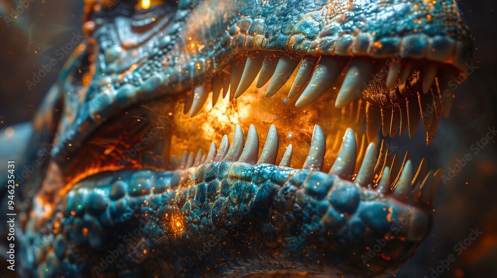 Wallpaper with Close up of a tyrannosaurus rex roaring with fire and sparks coming out of its mouth, showcasing its sharp teeth and scaly skin Wallpaper with Close up of a tyrannosaurus rex roaring with fire and sparks coming out of its mouth, showcasing its sharp teeth and scaly skin