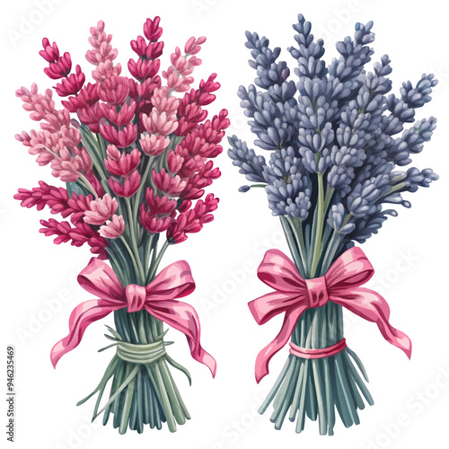 Bouquets of Purple and Pink Lavender Flowers Tied with Pink Ribbons in Watercolor Style