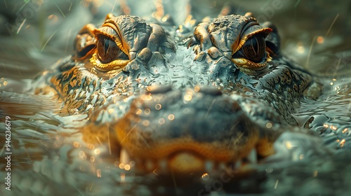 Wallpaper with Large american alligator is barely visible above the waterline with only its piercing eyes and snout breaking the surface. Rain falls on the alligator and surrounding water