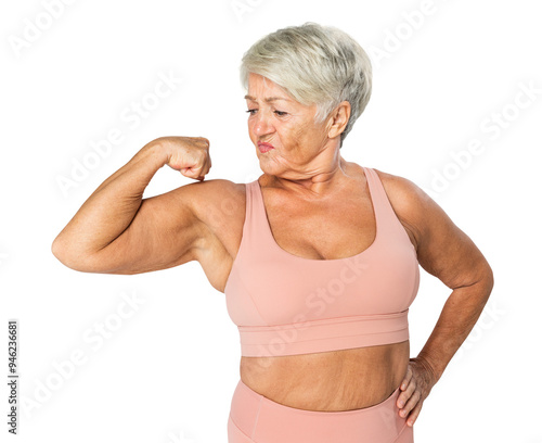 Fotografie Senior woman png mockup in pink sports bra activewear apparel close up