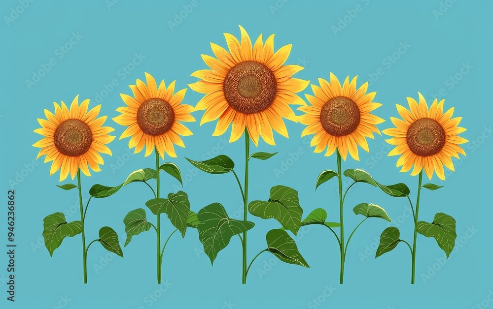 Obraz premium Sunflowers flat design, front view, floral theme, animation, Complementary Color Scheme
