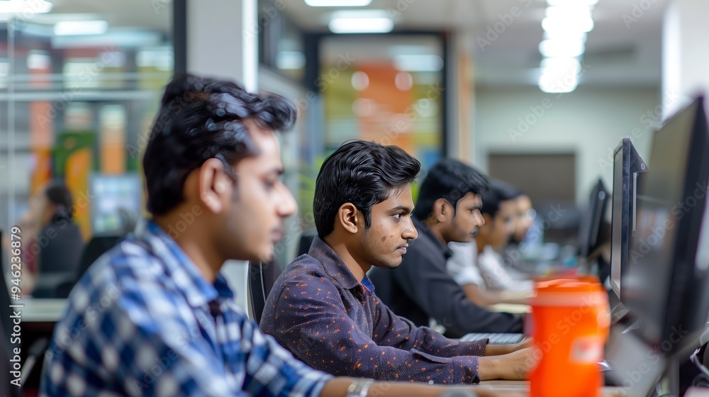 A group of individuals working intently on computers in a modern office environment. A group of individuals working intently on computers in a modern office environment.