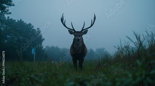 Deer with big antlers standing in front of the misty forest. It's autumn time. Animal photography.