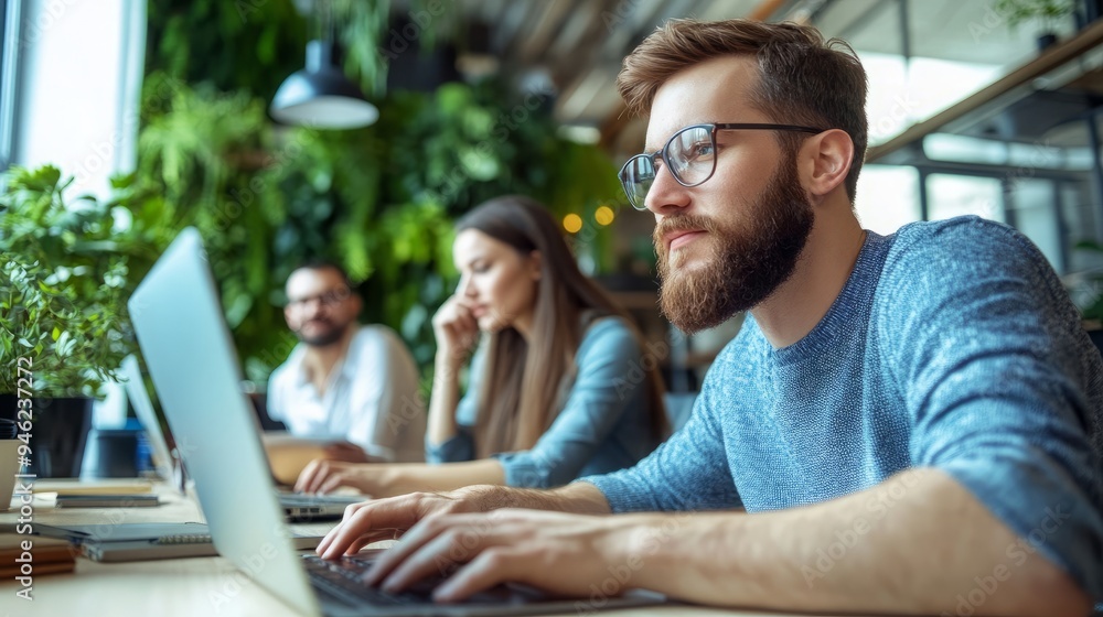 Team Collaboration in Open Office, Laptop Work, Strategic Discussion, Project Development, Bright Workspace Team Collaboration in Open Office, Laptop Work, Strategic Discussion, Project Development, Bright Workspace
