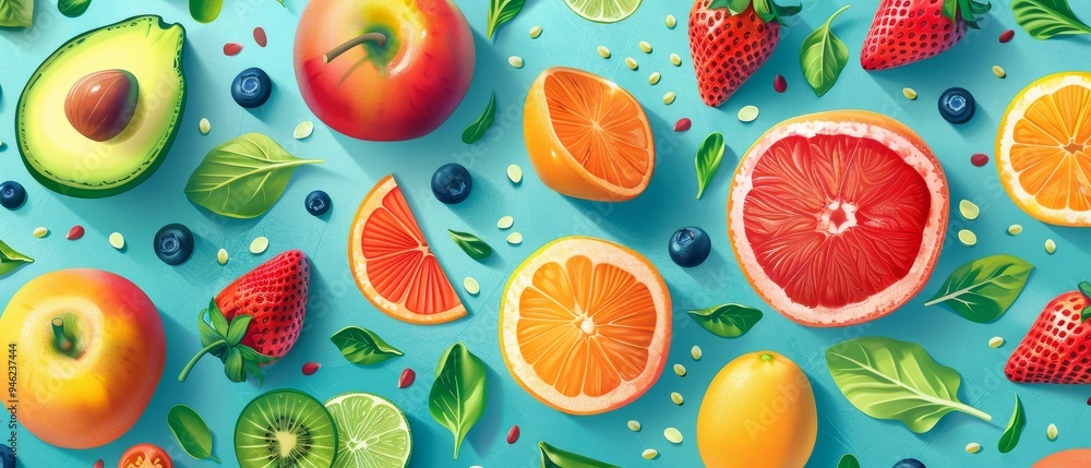 Clean food flat design, top view, healthy eating theme, animation, Triadic Color Scheme Clean food flat design, top view, healthy eating theme, animation, Triadic Color Scheme