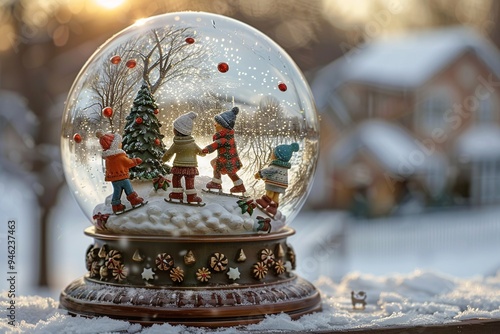 This delightful snow globe showcases a charming winter scene with children ice skating. When shaken, swirling snow creates a joyful and festive atmosphere inside the globe.