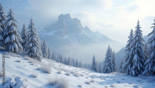  Snowy mountain landscape with pine trees