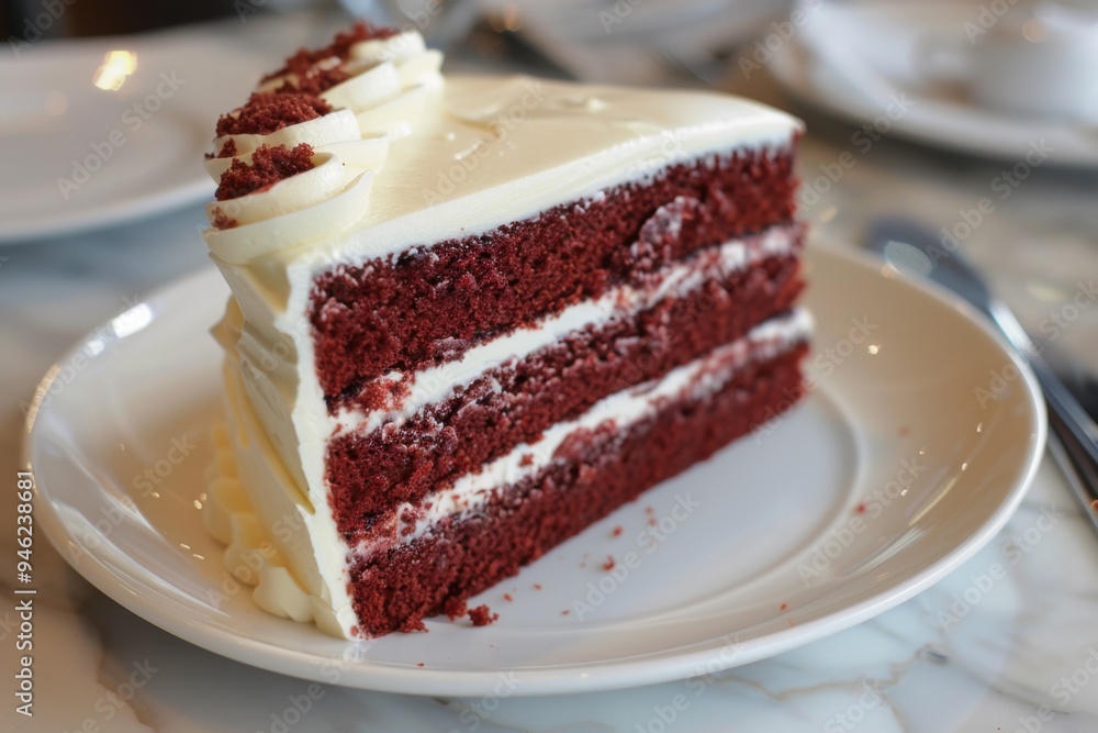 A slice of rich red velvet cake with cream cheese frosting A slice of rich red velvet cake with cream cheese frosting