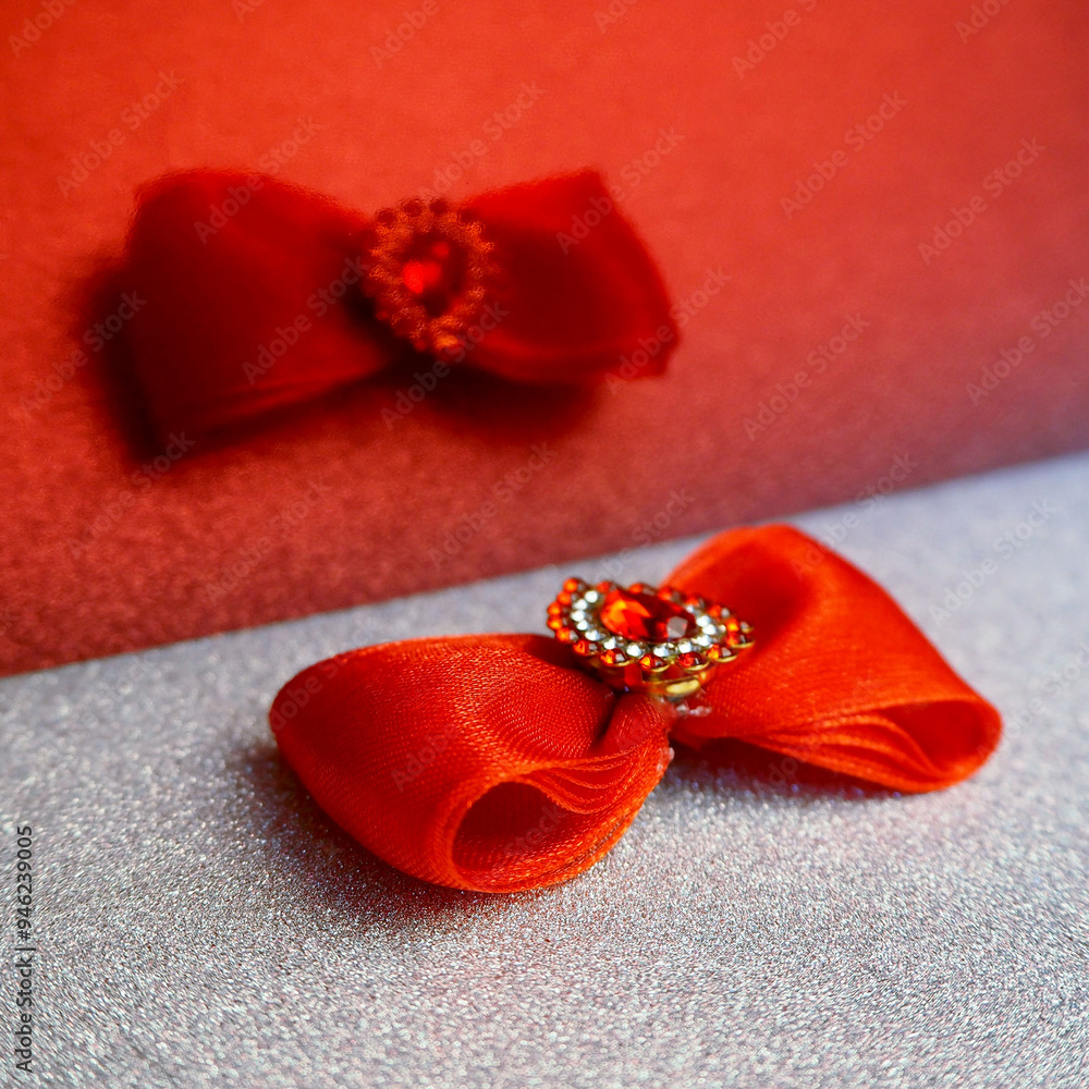 on a gray shiny background lies a bright red bow with large stones in the middle with a reflection on a red background. hair accessories, for dog hair. side view. Christmas on a gray shiny background lies a bright red bow with large stones in the middle with a reflection on a red background. hair accessories, for dog hair. side view. Christmas