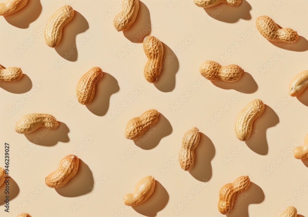 A scatter of shelled peanuts on a light beige background, showcasing their natural texture and earthy colors A scatter of shelled peanuts on a light beige background, showcasing their natural texture and earthy colors