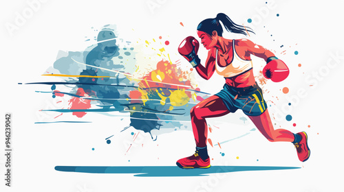 Professional Young Female Boxer Training in Flat Vector Style