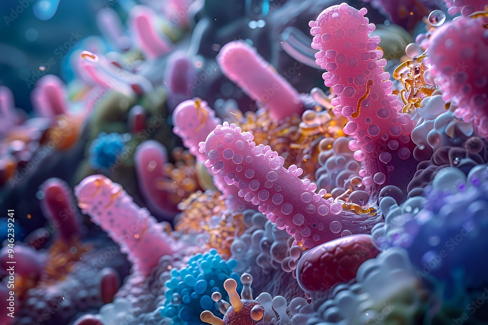 Fototapeta premium A colorful microscopic view of cellular structures resembling coral or bacteria.