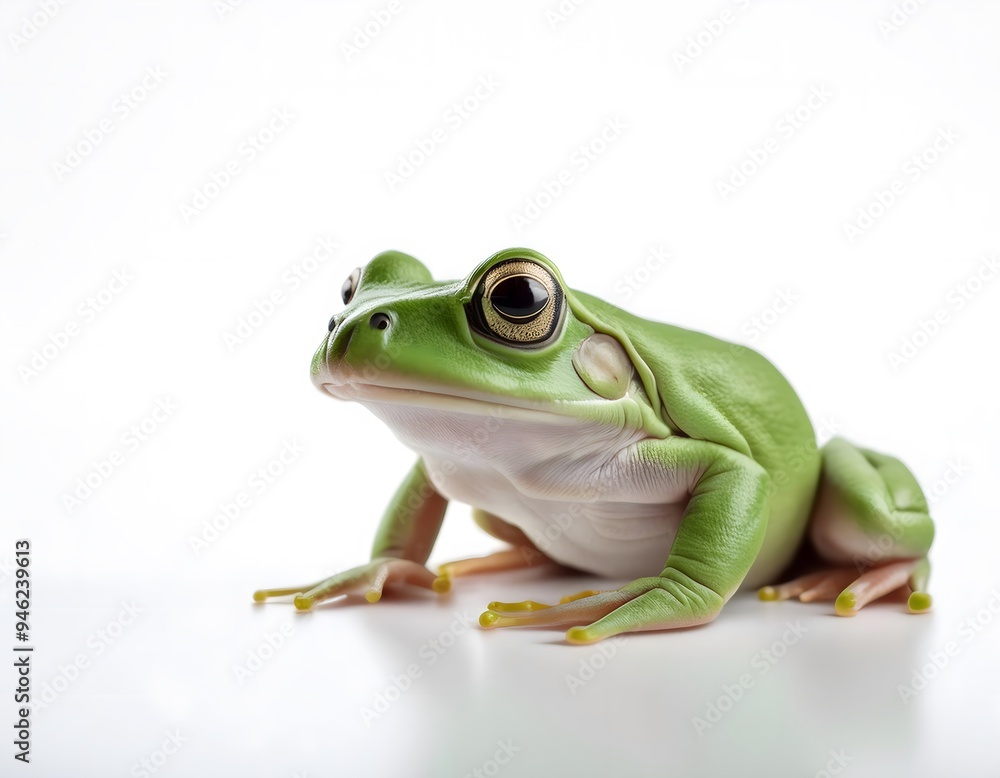 A small, green frog sitting calmly on a white background A small, green frog sitting calmly on a white background