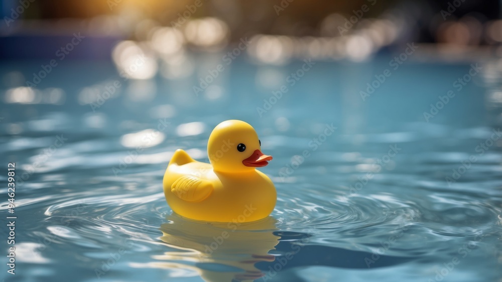 Yellow rubber duck floating in a clear blue pool Summer fun in the sun Creative summer concept. Yellow rubber duck floating in a clear blue pool Summer fun in the sun Creative summer concept.