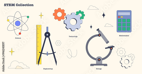 STEM as science, engineering, technology, biology and mathematics knowledge complex neubrutalism collection set. Labeled elements with education field for university studies vector illustration.