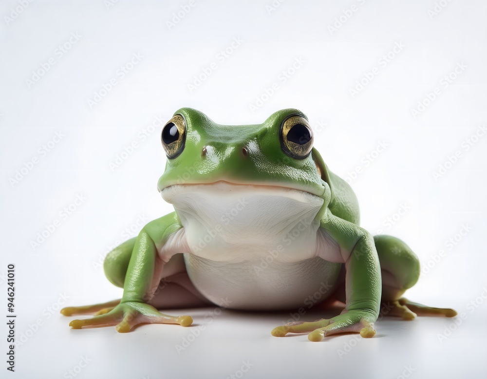 Obraz premium A small, green frog sitting calmly on a white background