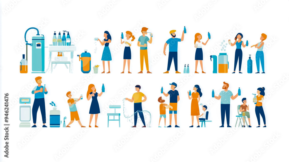Banner flat vector illustrations of people drinking water, white background Banner flat vector illustrations of people drinking water, white background