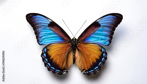 A vibrant butterfly with its wings fully spread, showing intricate patterns and colors, displayed on a white background.