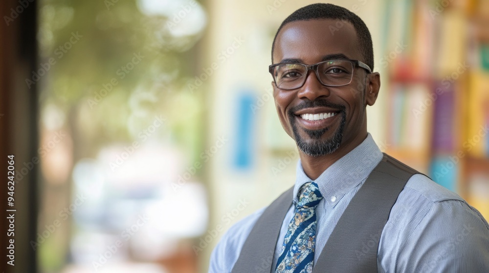 Obraz premium Smiling African-American Man in Vest and Glasses, Standing Indoors