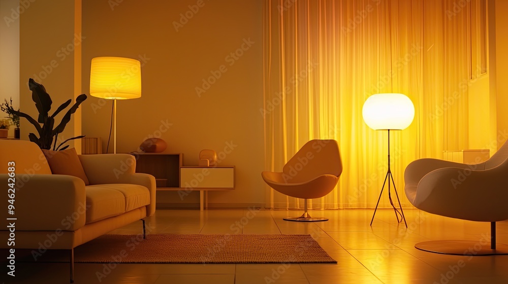 A modern living room with a soft glow from floor lamps and ambient music, evoking a soothing ambience. A modern living room with a soft glow from floor lamps and ambient music, evoking a soothing ambience.
