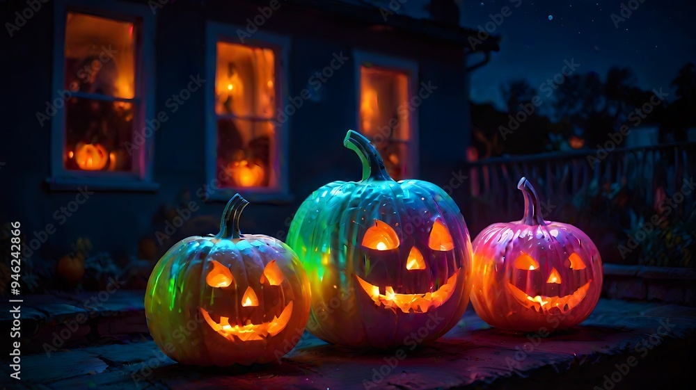 Pumpkin lanterns with blurred backgrounds at night on the house terrace Pumpkin lanterns with blurred backgrounds at night on the house terrace