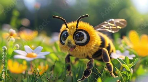 A cute, cartoonish bee with big eyes, surrounded by colorful flowers in a vibrant meadow.